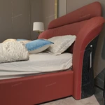 Wingback Leather Bed with Channel-Tufted Headboard and High-Gloss Wood Side Panels